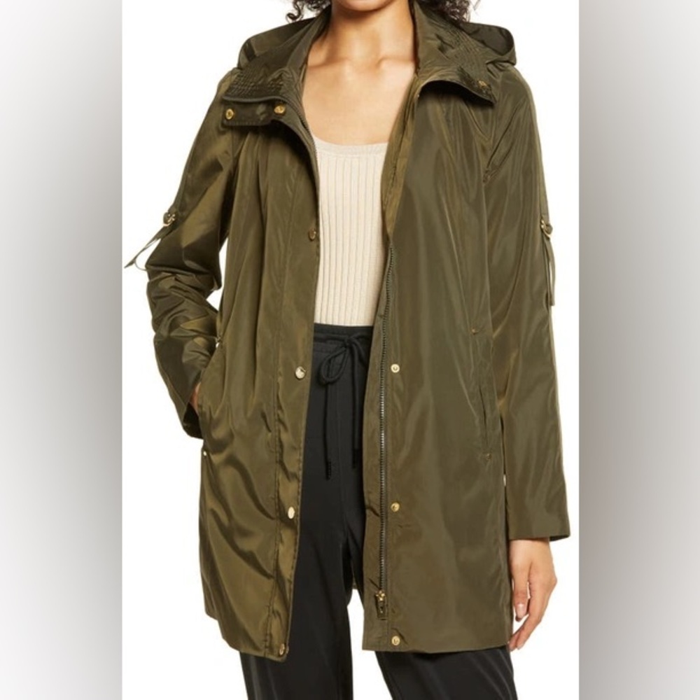 Via Spiga Packable Water Repellant Hooded Raincoat Olive Green Size XS